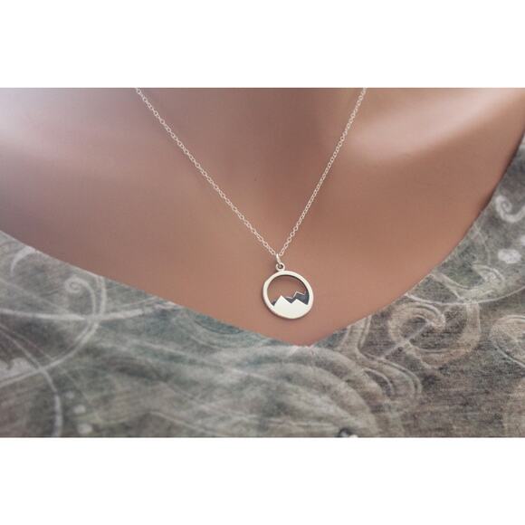 Sterling Silver Mountain View Pendant Necklace, Silver Mountain Climber Necklace - Picture 3 of 3
